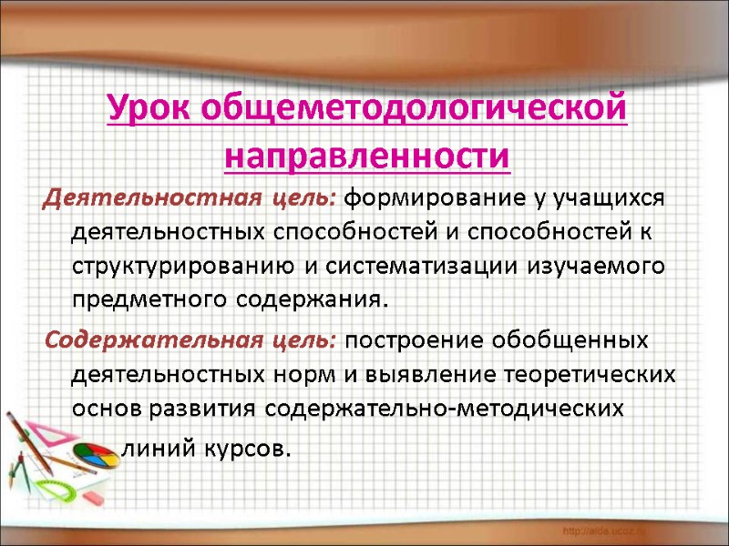 Урок общеметодологической направленности Деятельностная цель: формирование у учащихся деятельностных способностей и способностей к структурированию